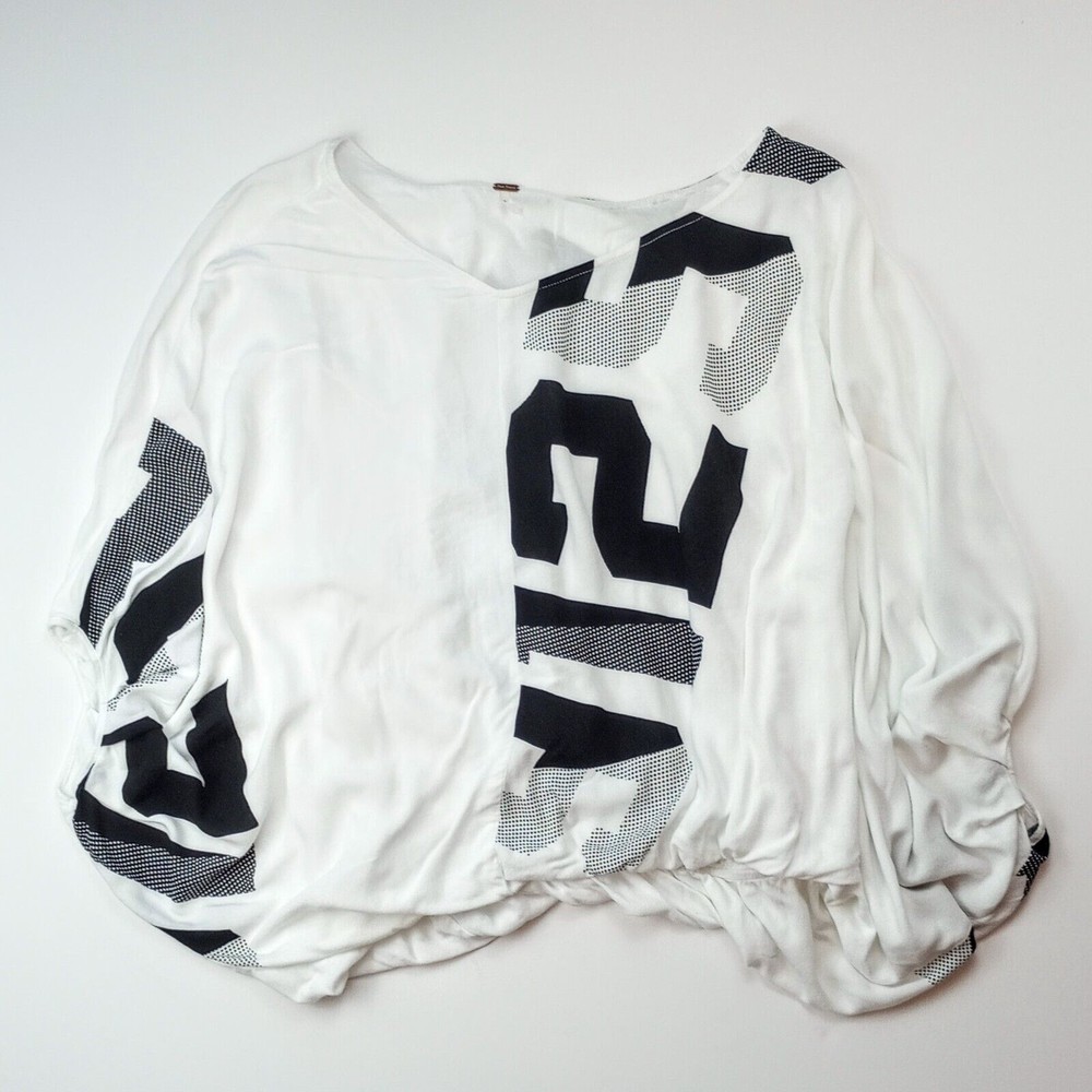 Free People Crop Asymmetrical Blouse Sz M White Black "9125" Bubble Top